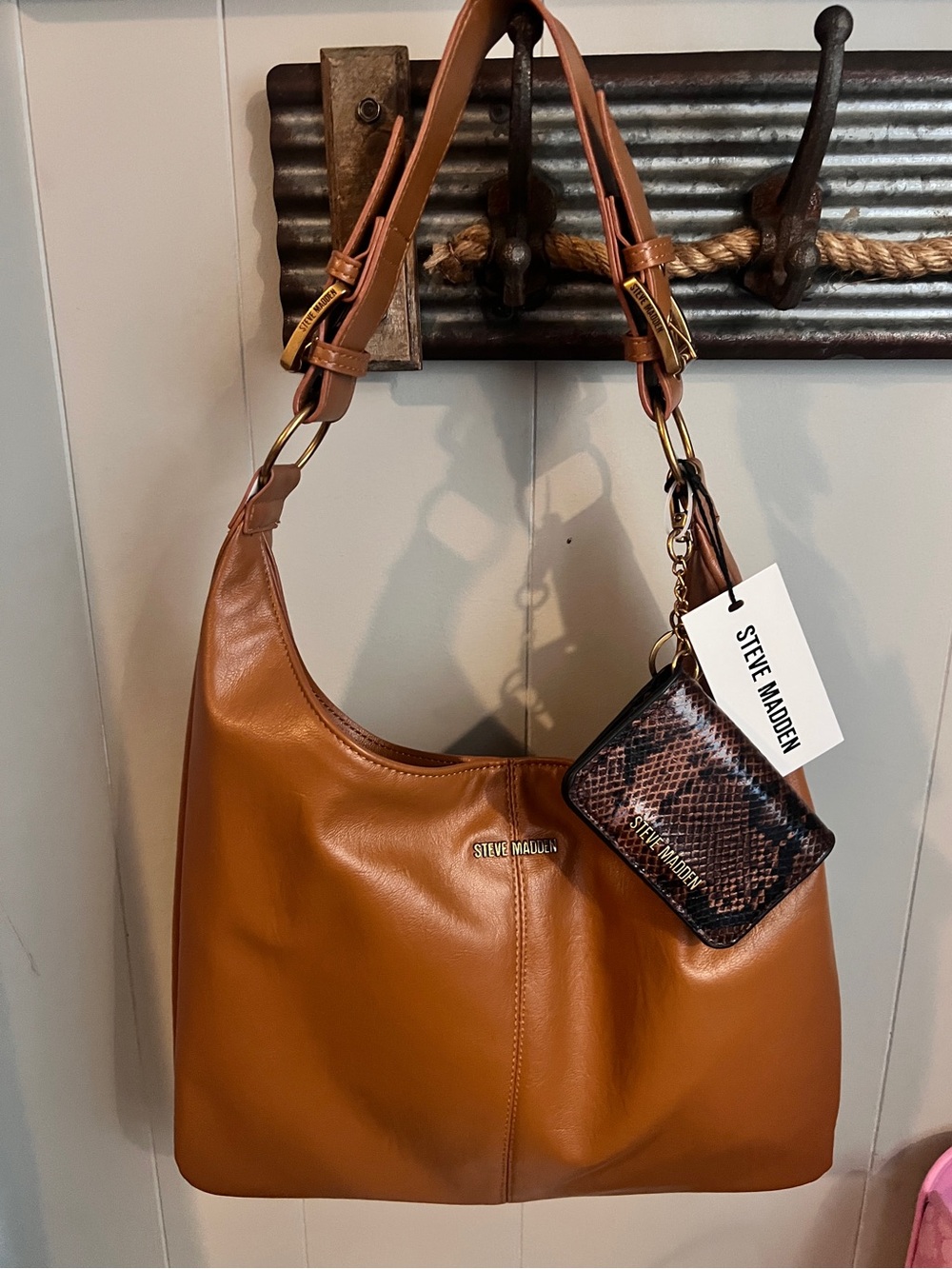Steve Madden Tan Cognac Leather Shoulder Hobo Bag w Snake-Print Card Holder NEW